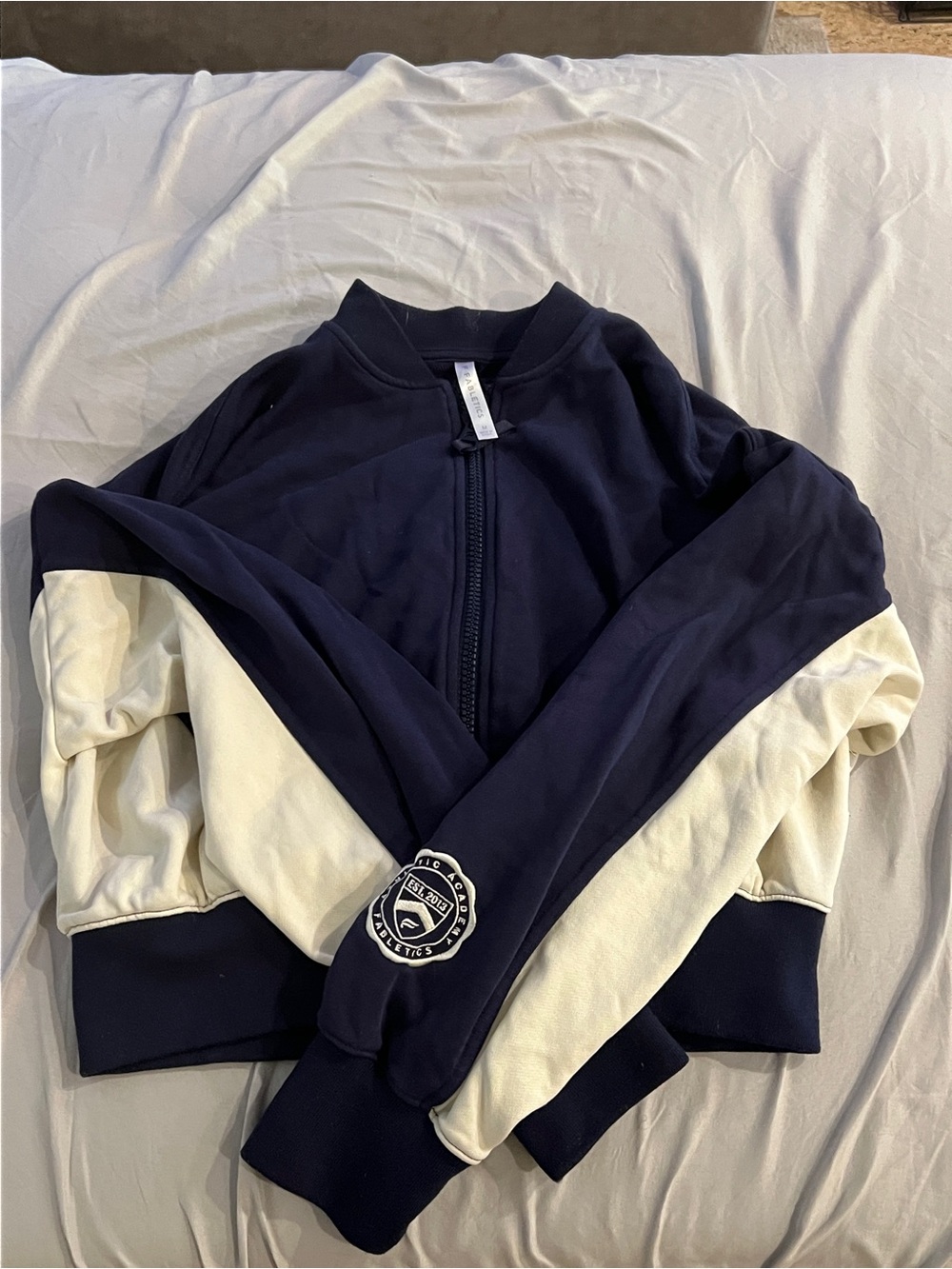 Women’s Navy and Cream Zip-Up Bomber sweater